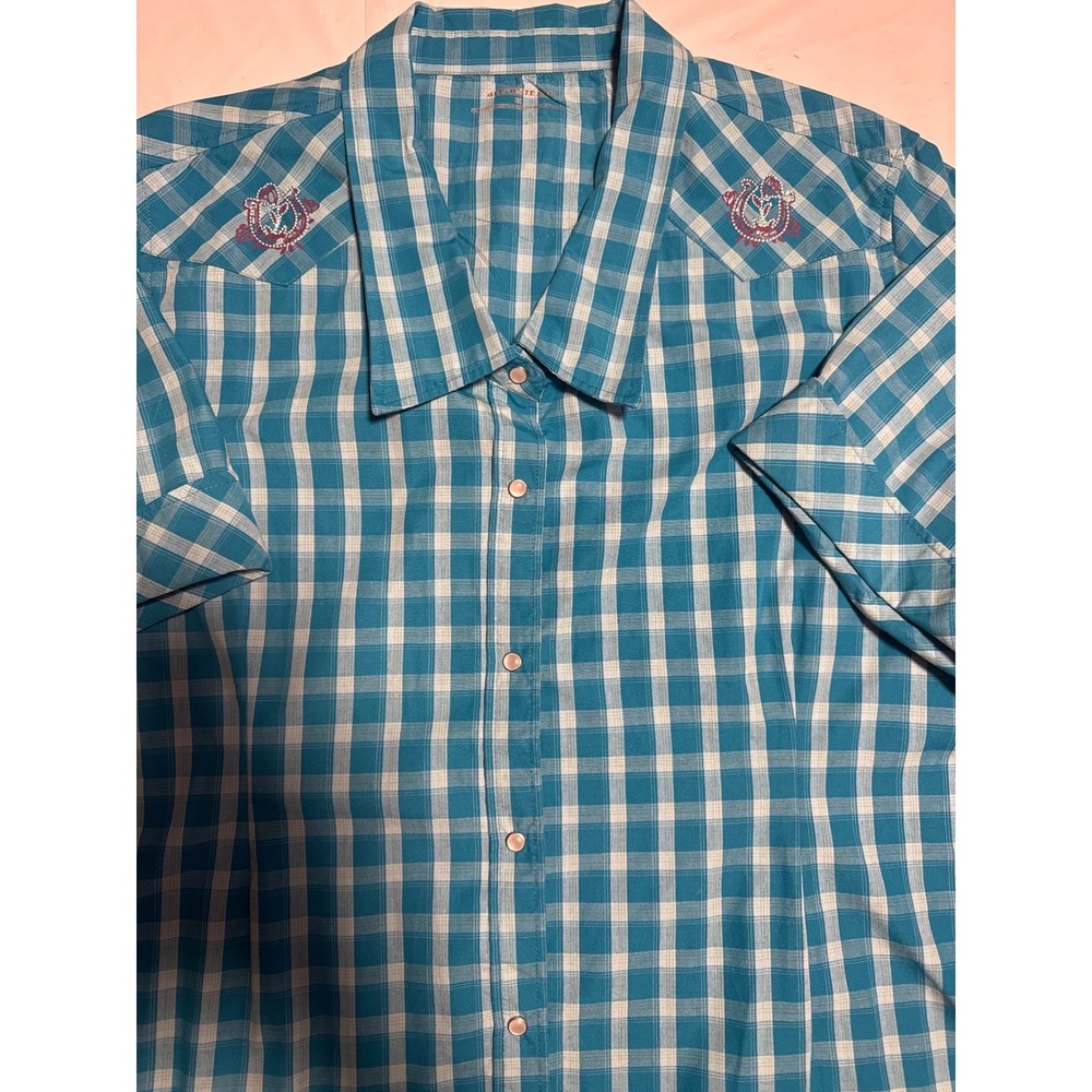 Bit‎ & Bridle Turquoise Plaid Western Shirt Women's Size 2X Embroidered Details